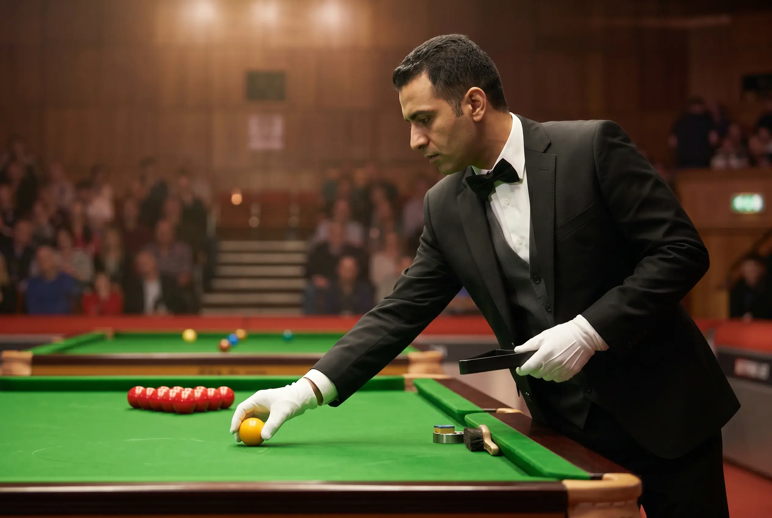 Schiedsrichter in weißen Handschuhen platziert einen Snookerball am grünen Profitisch