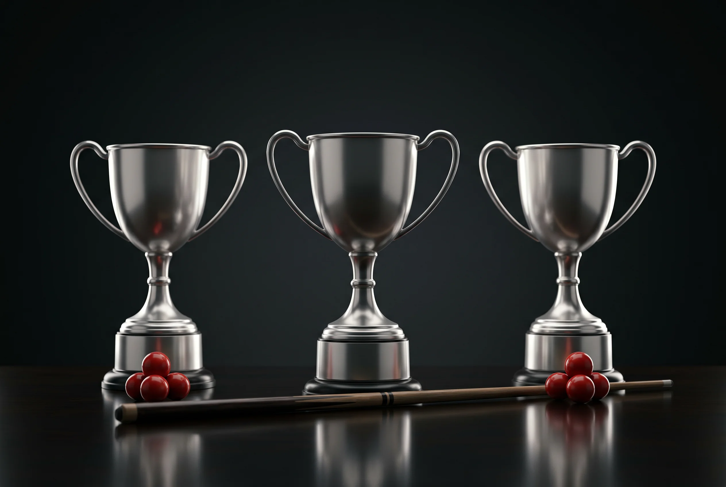 Snooker Triple Crown Wetten — drei Pokale der WM, UK Championship und Masters nebeneinander