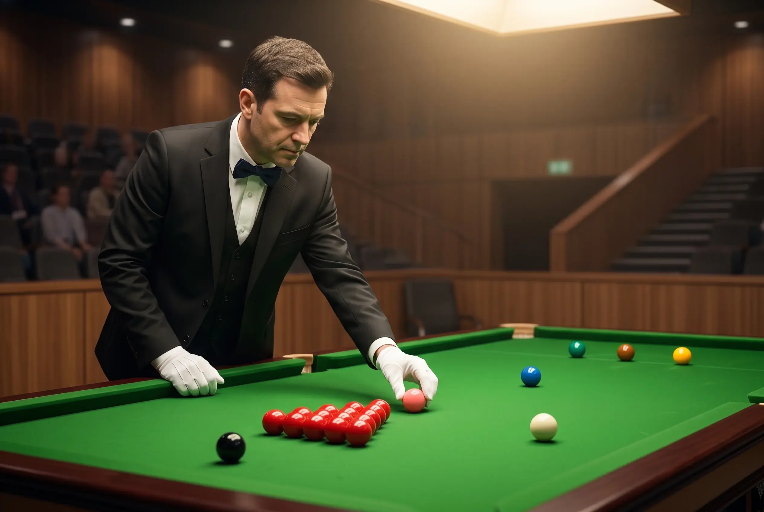 Snooker-Schiedsrichter in formeller Uniform mit weißen Handschuhen am grünen Turniertisch